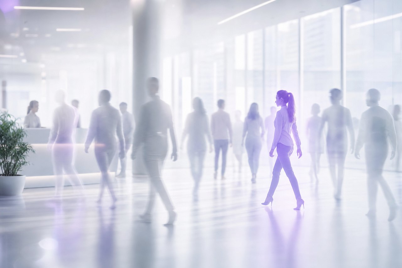 A crowd of translucent anonymous visitors in a bright lobby with one highlighted in violet