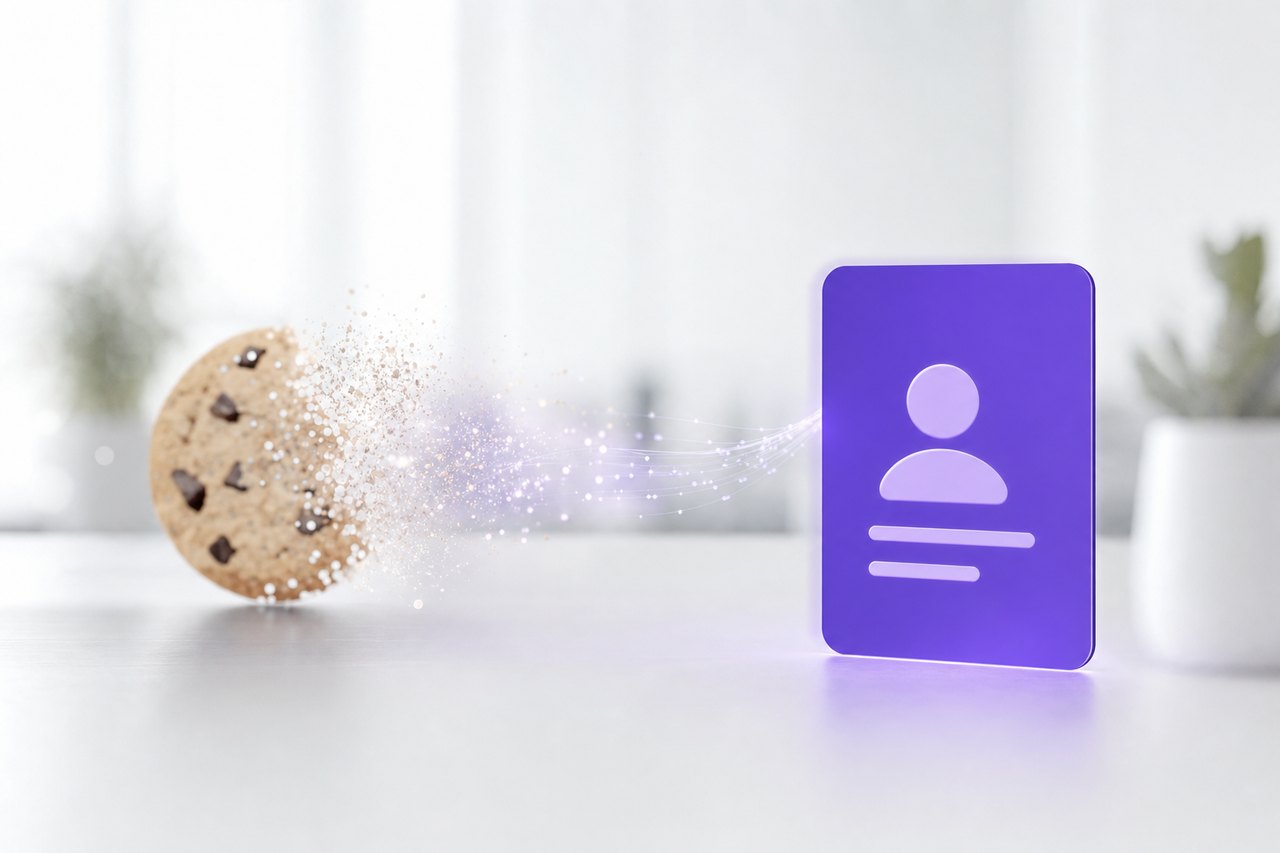 A dissolving cookie transforming into a clean profile card on a bright surface