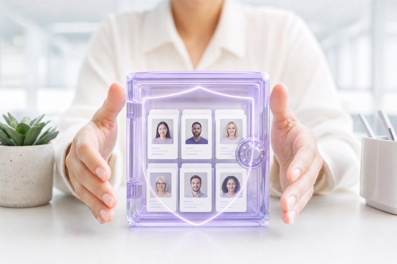 A glass data vault held in two hands, soft violet light glowing from within