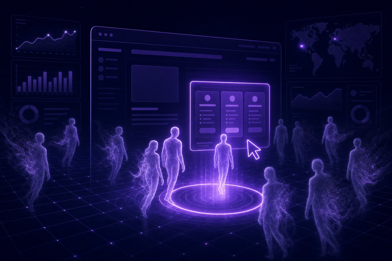 Translucent ghostly visitor silhouettes on a website with one being detected and highlighted as high intent