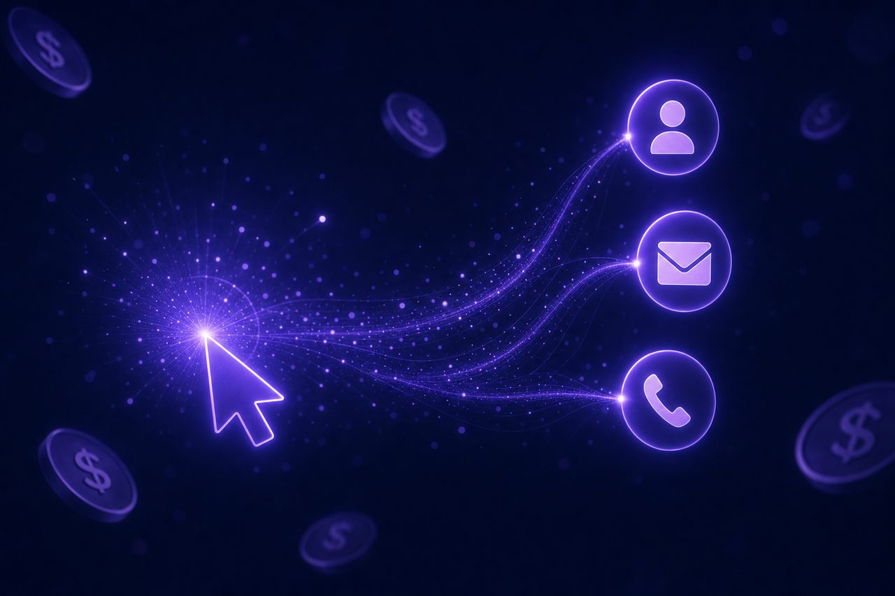 A cursor click bursting into particles, most fading away while a few become solid contact records