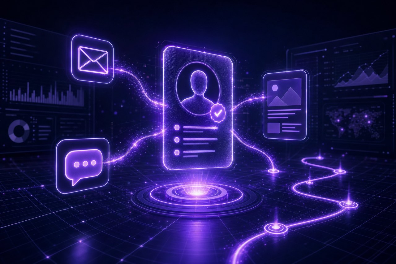 An identified contact card radiating energy into email, SMS, content, and journey action icons