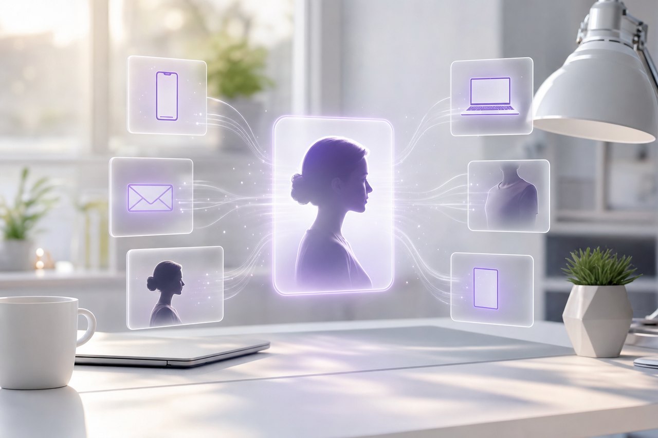 Fragments of a person's data from multiple devices merging into a single unified identity profile