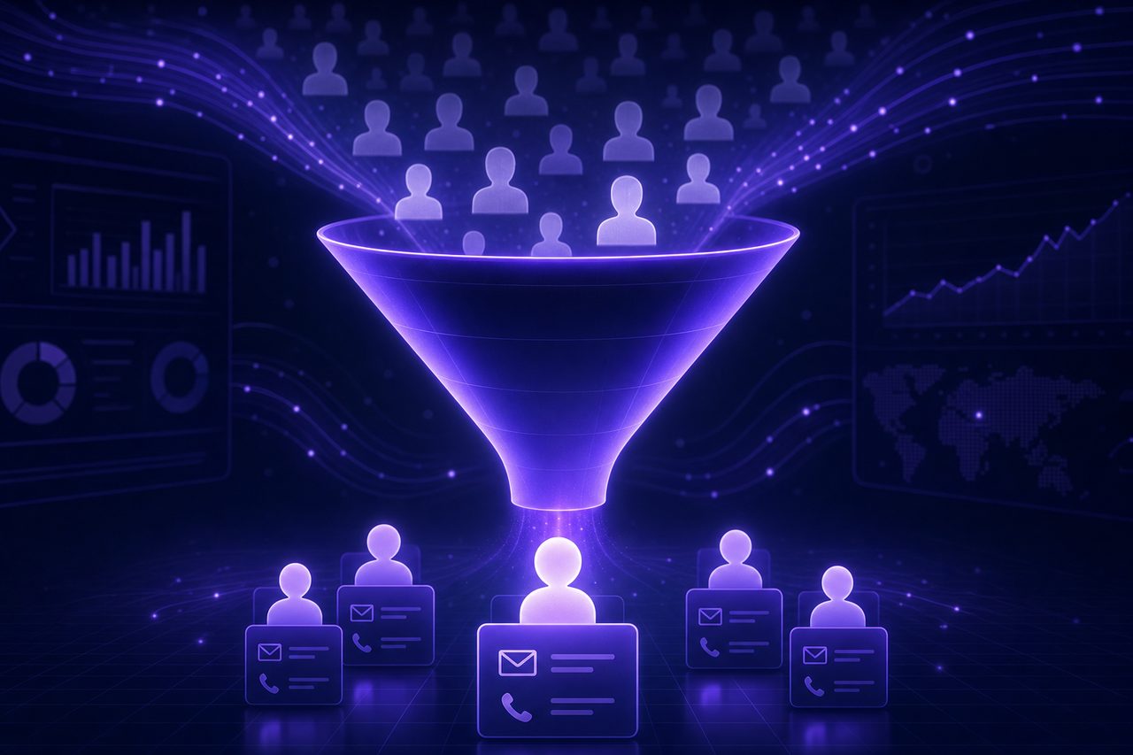 Anonymous website visitors flowing through a funnel and emerging as identified contact records