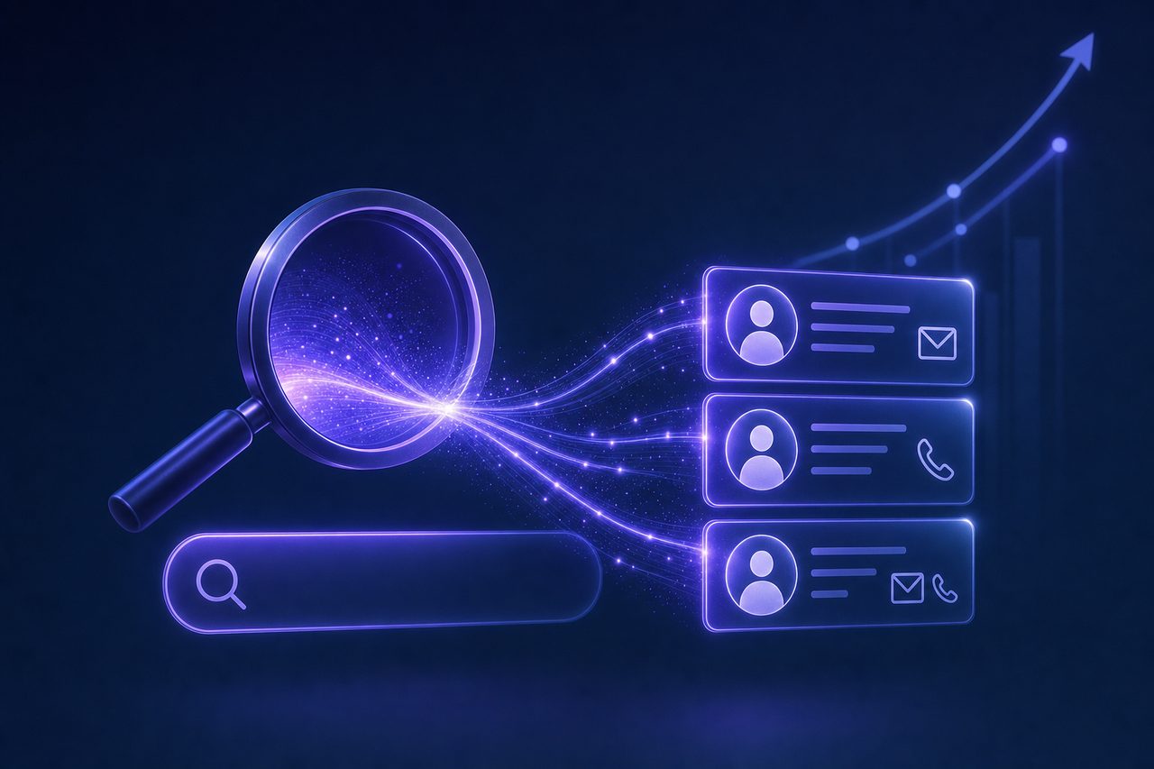 A magnifying glass over a search bar with traffic transforming into glowing contact records