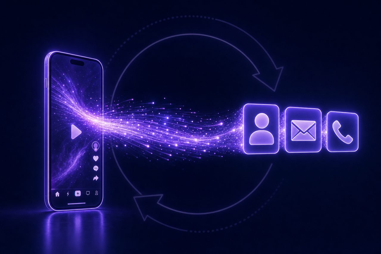 A short-form video phone streaming particles that convert into contact records inside a growth flywheel