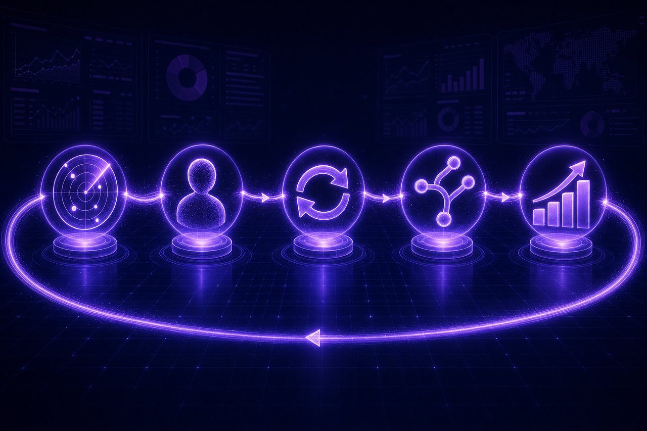 A glowing five-node pipeline representing validate, identify, reconnect, activate, and lift stages