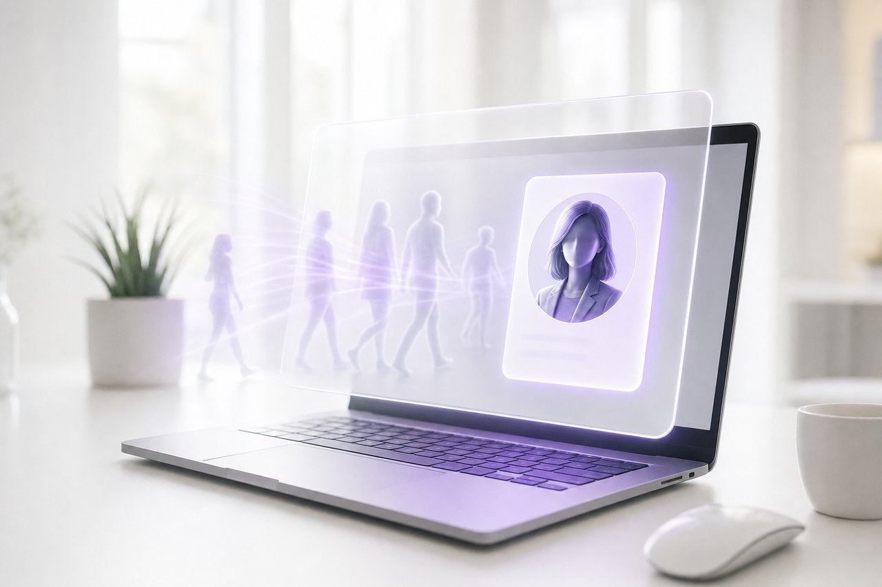 Anonymous visitor silhouettes flowing into a laptop and resolving into an identified contact card