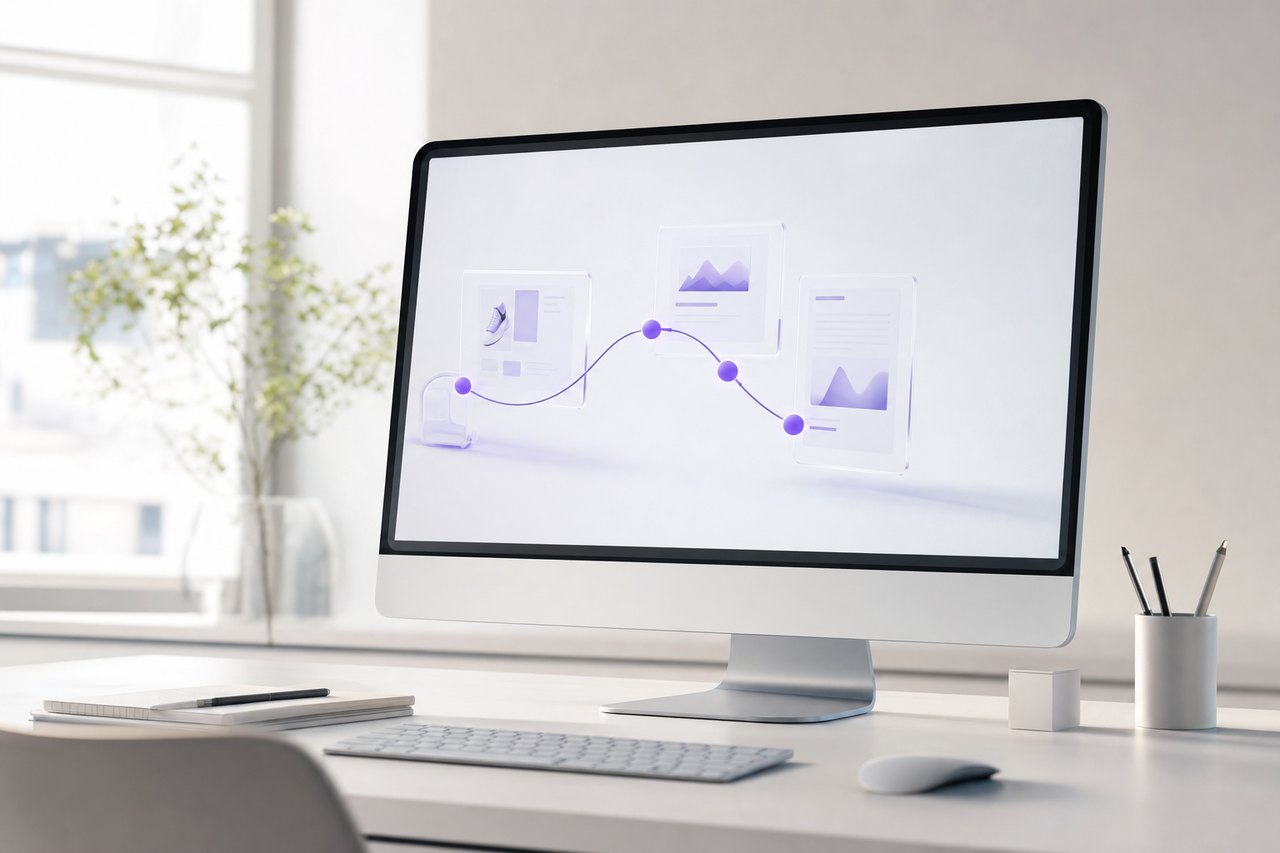 A monitor showing a visitor journey timeline with connected dots across page thumbnails